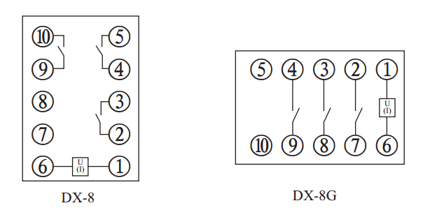 DX-8G信號繼電器內部接線及外引接線圖 DX-8G信號繼電器內部接線及外引接線圖