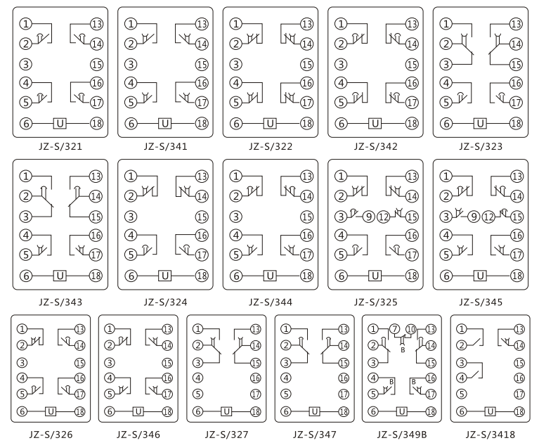 JZ-S/346靜態(tài)可調(diào)延時中間繼電器內(nèi)部接線圖及外引接線圖